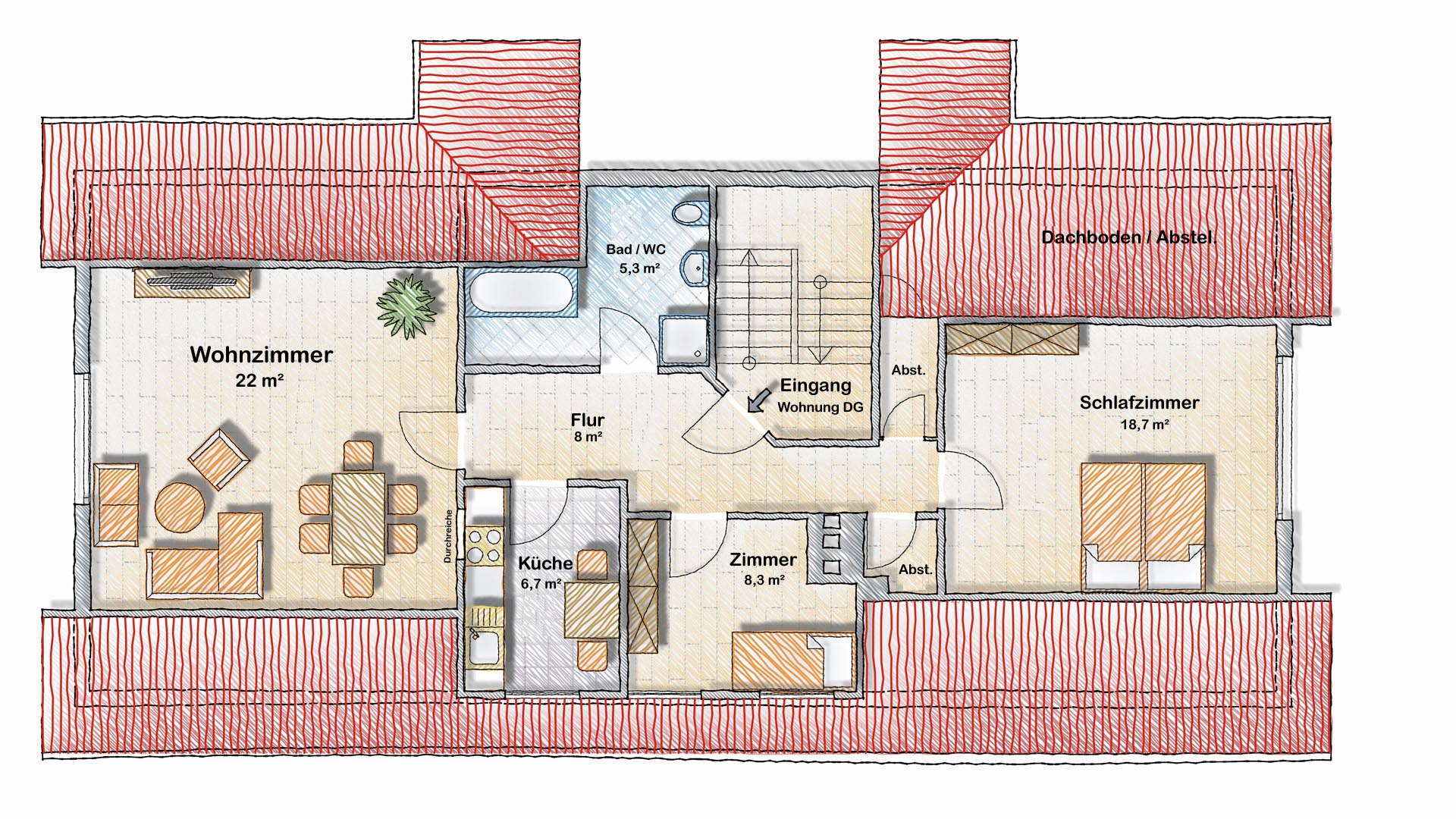 Reichshof-Wildbergerhütte: Wohnhaus mit 3 Wohneinheiten und 4 Garagen, Grundriss: Dachgeschoss